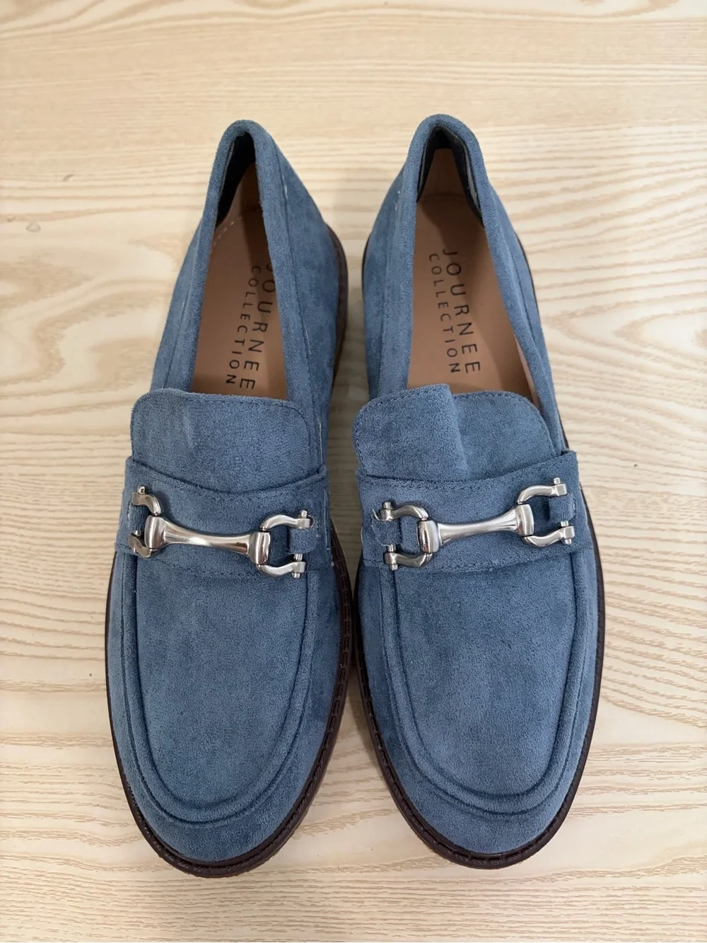 Journee Collection Blue Suede Loafers with Silver Bit